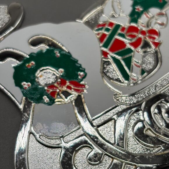 WM A Rogers Christmas Sleigh Trivet Coaster Set Silver Plated Enamel Holiday Lot - Picture 10 of 12